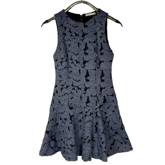 ALICE + OLIVIA FONDA SLEEVELESS DROP WAIST DENIM FLORAL APPLIQUE MINI DRESS - Picture 6 of 15